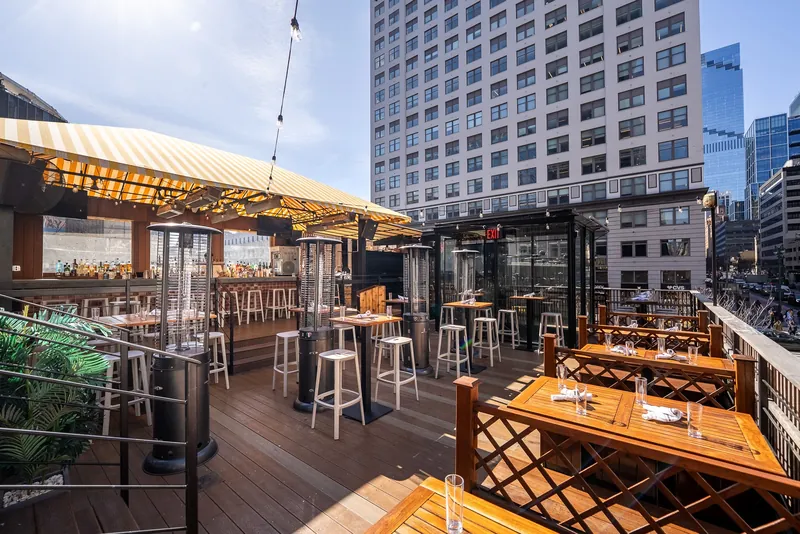 Wide shot of the rooftop bar and seating area at Avenida