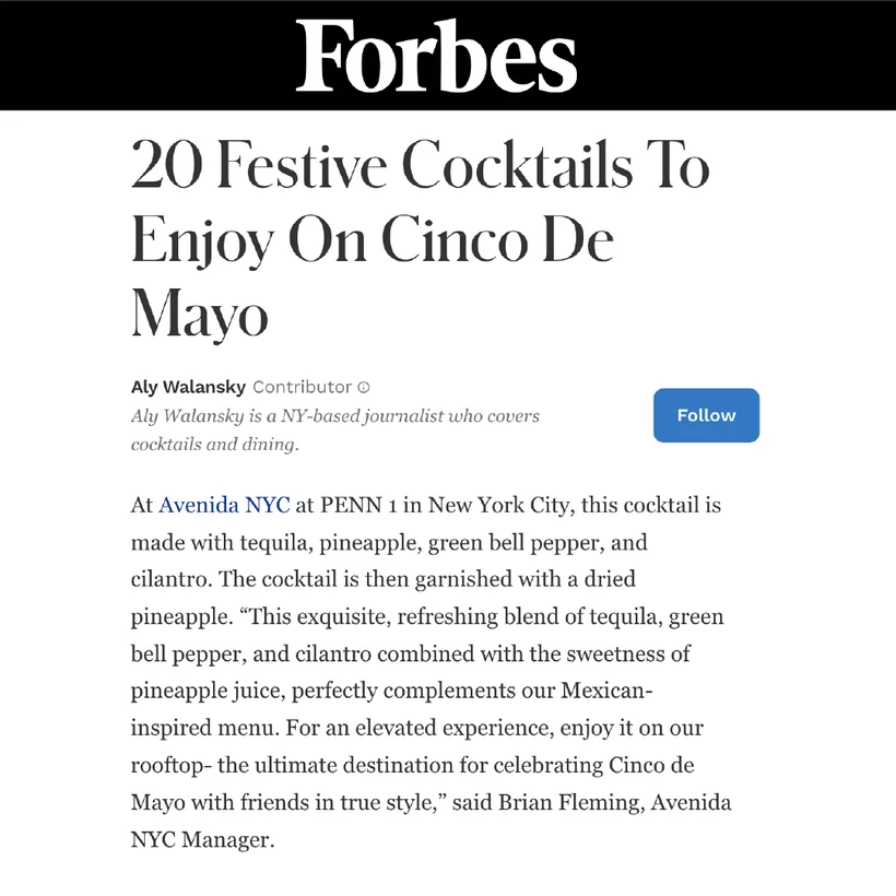 Forbes &mdash; &ldquo;20 Festive Cocktails To Enjoy On Cinco De Mayo&rdquo;